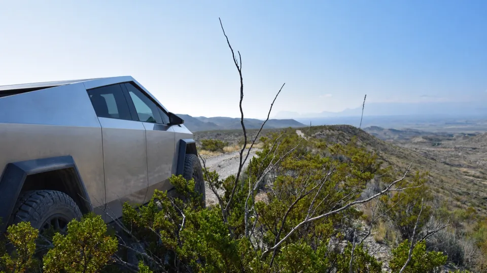 A Tesla Cybertruck on Old Ore Road in Big Bend National Park