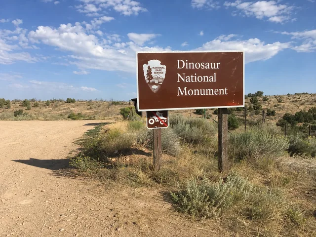 the Dinosaur National Monument entrance sign on Yampa Bench Road in Dinosaur National Monument.