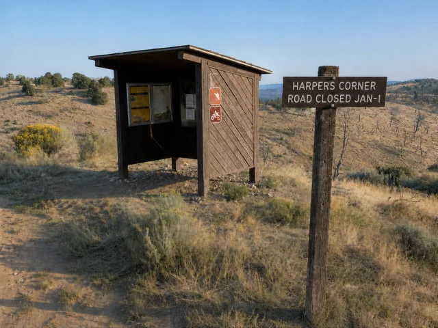 the Harper's Corner route information sign on Yampa Bench Road in Dinosaur National Monument.