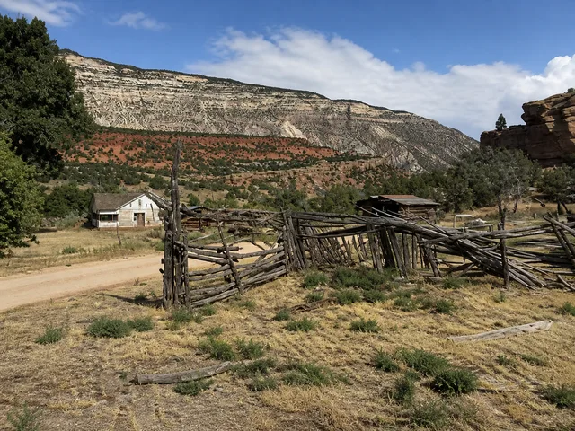 the Chew Ranch buildings and fenced grounds on Yampa Bench Road in Dinosaur National Monument.