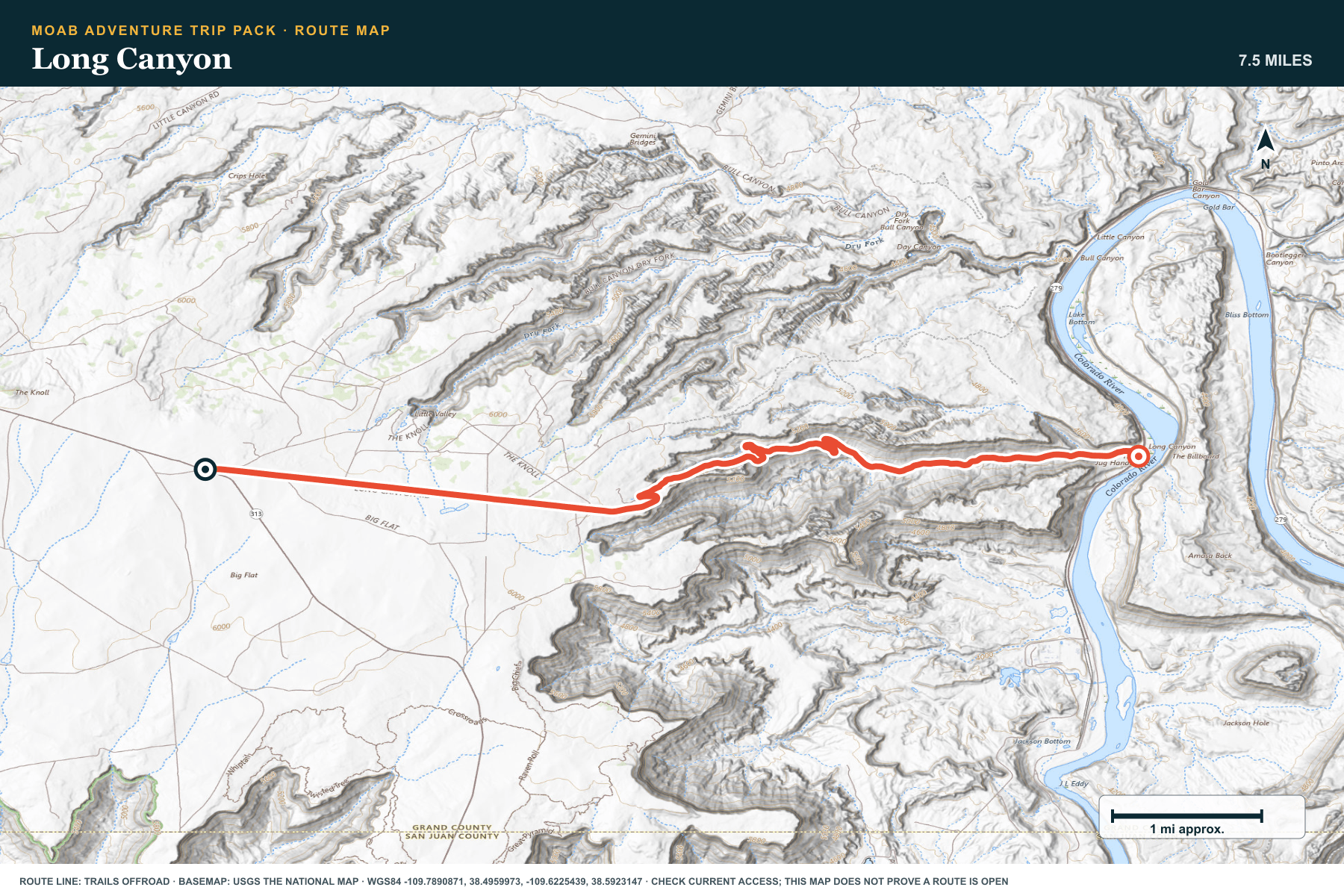 Topographic route map for Long Canyon