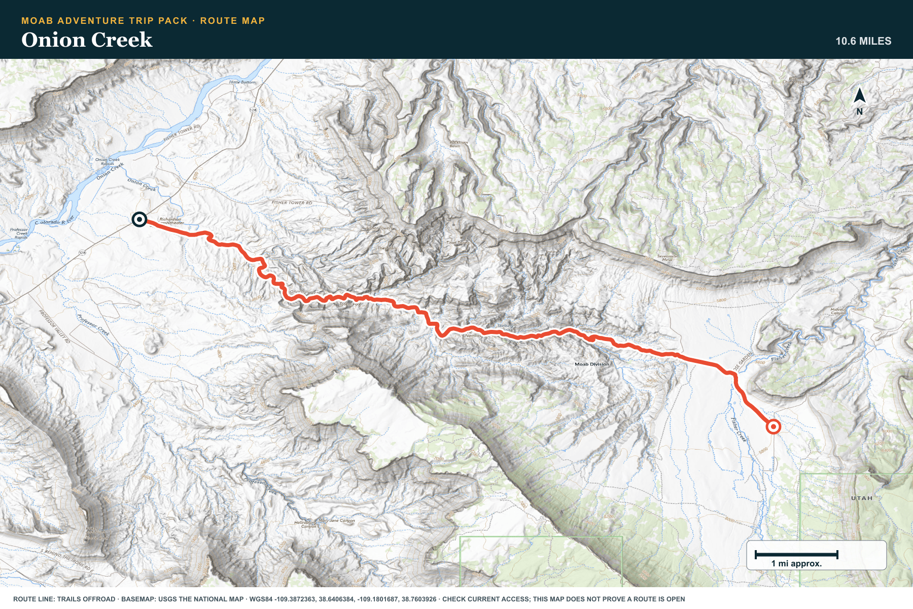 Topographic route map for Onion Creek