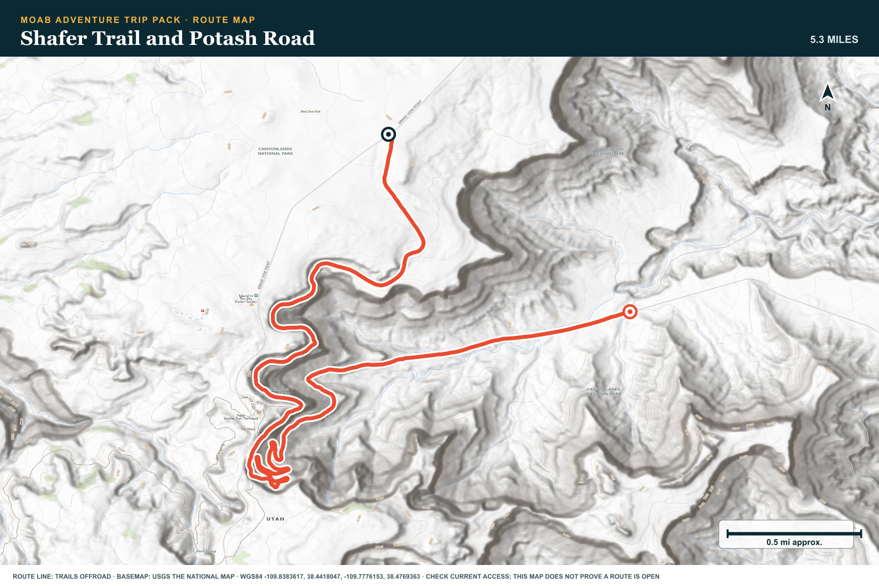 Topographic route map for Shafer Trail and Potash Road