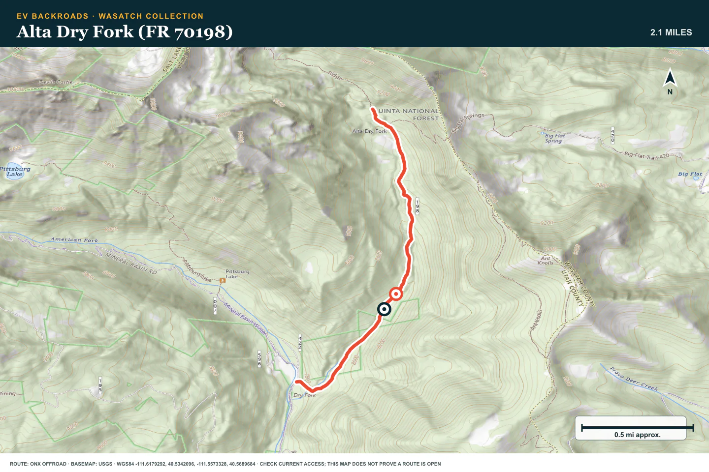 Topographic route map for Alta Dry Fork (FR 70198)