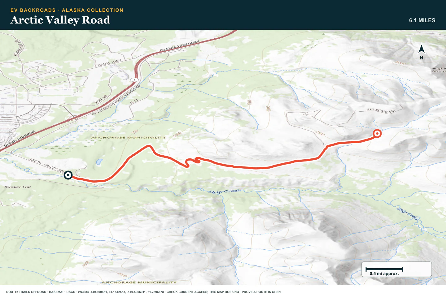 Topographic route map for Arctic Valley Road