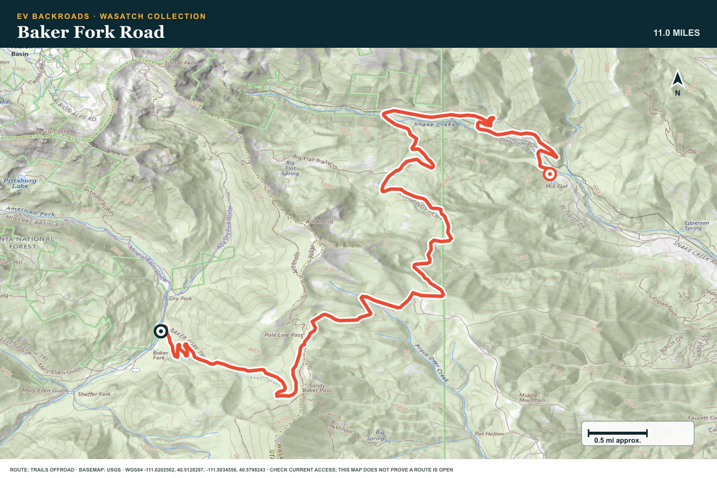 Topographic route map for Baker Fork Road · Snake Creek