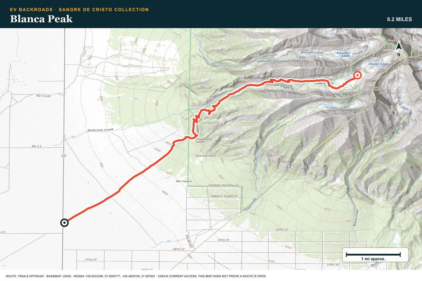 Topographic route map for Blanca Peak