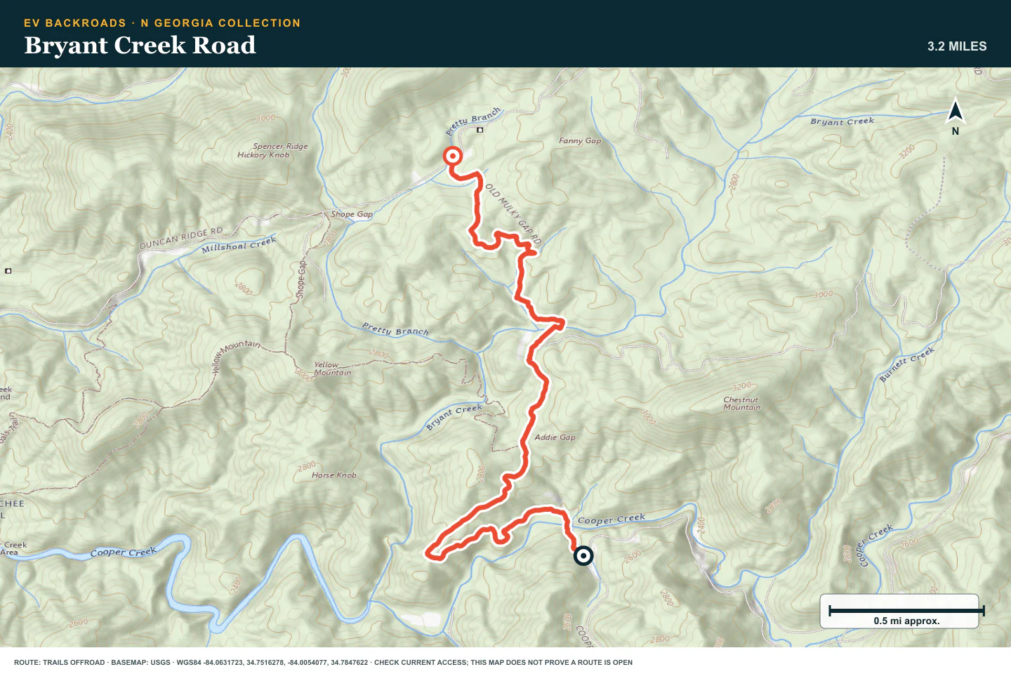 Topographic route map for Bryant Creek Road