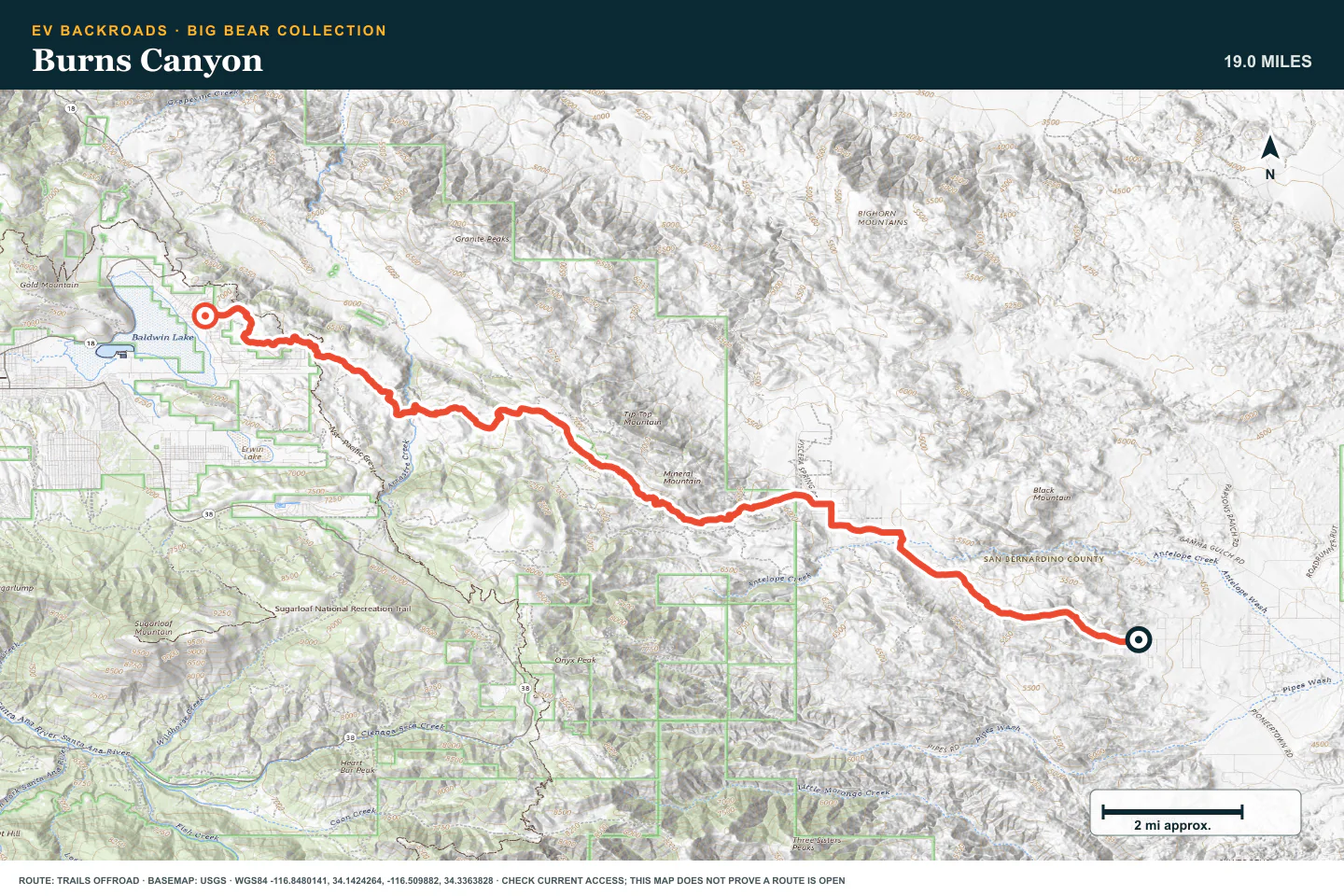 Topographic route map for Burns Canyon