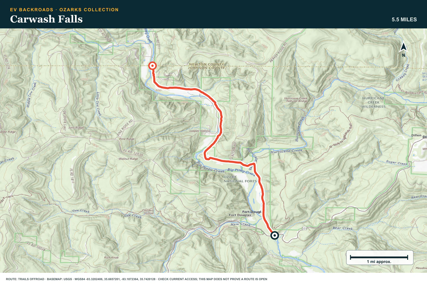 Topographic route map for Carwash Falls