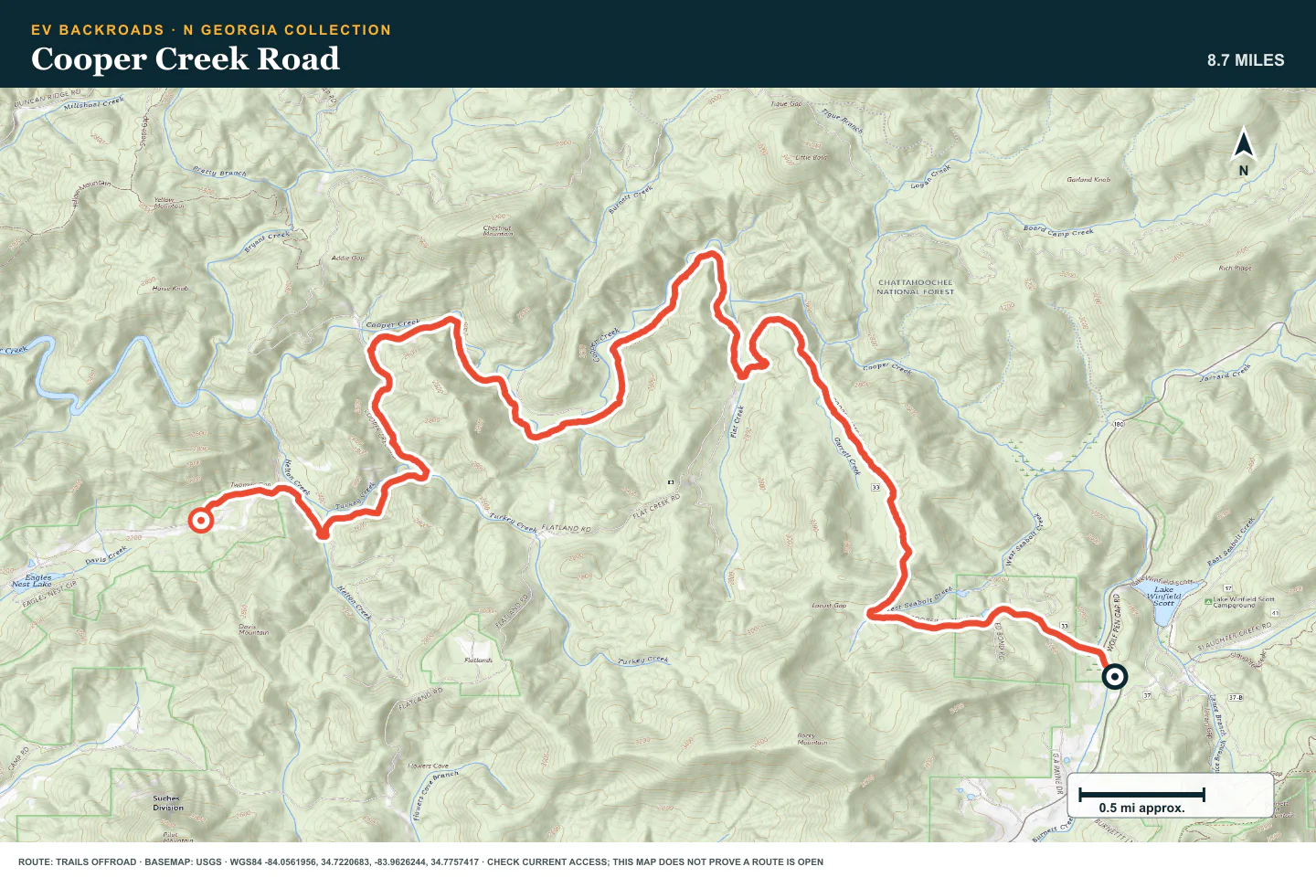 Topographic route map for Cooper Creek Road