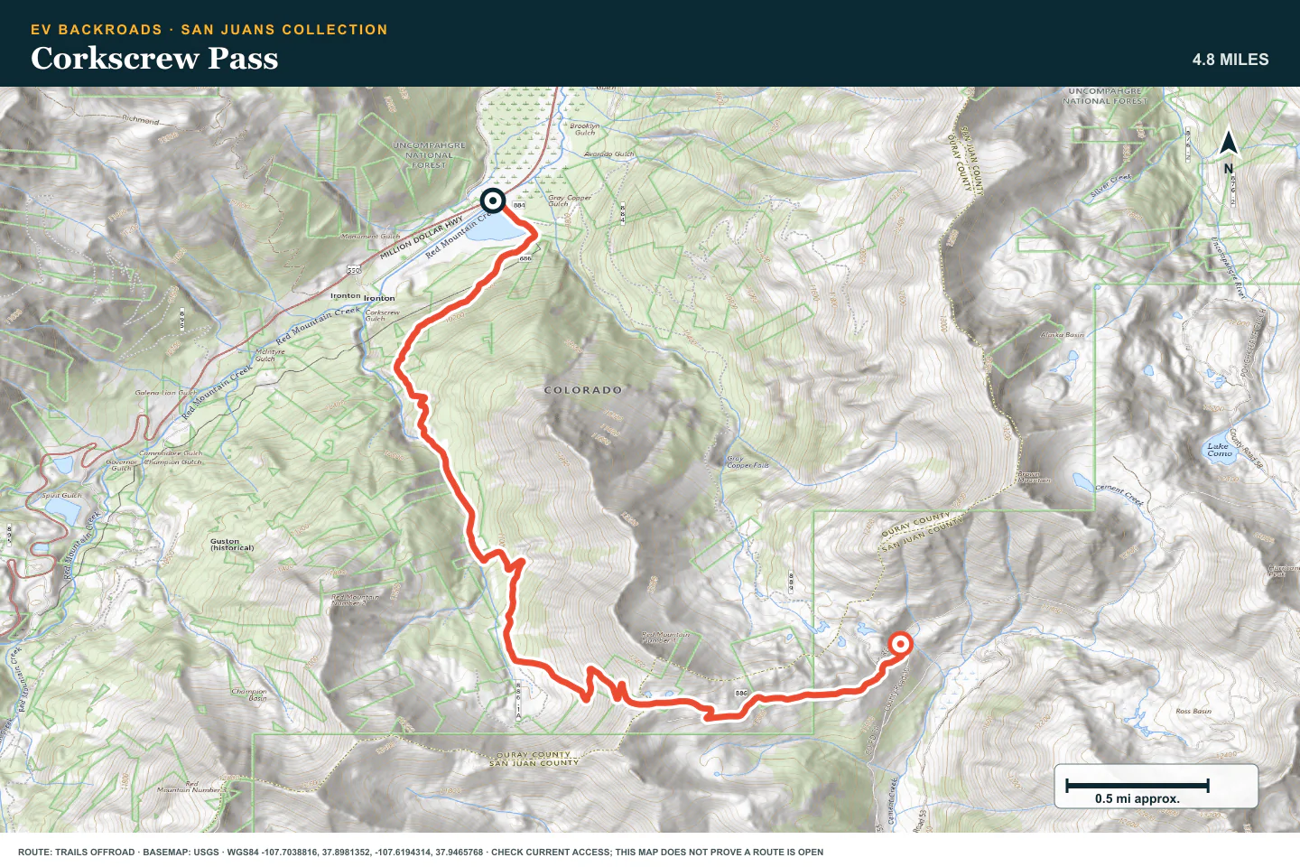 Topographic route map for Corkscrew Pass