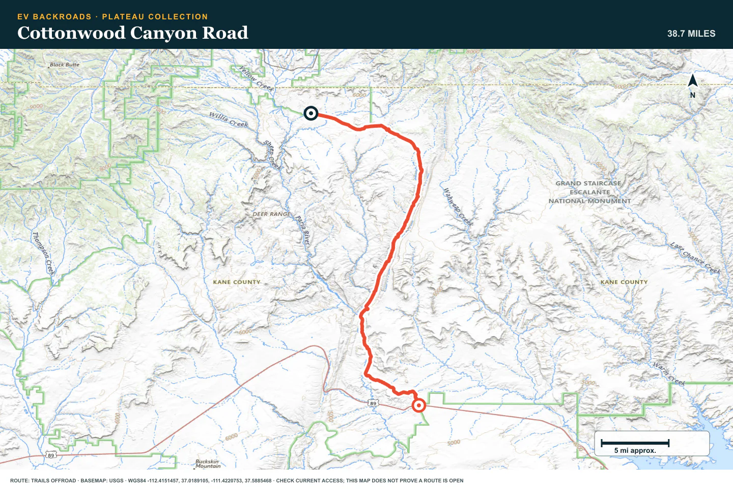 Topographic route map for Cottonwood Canyon Road