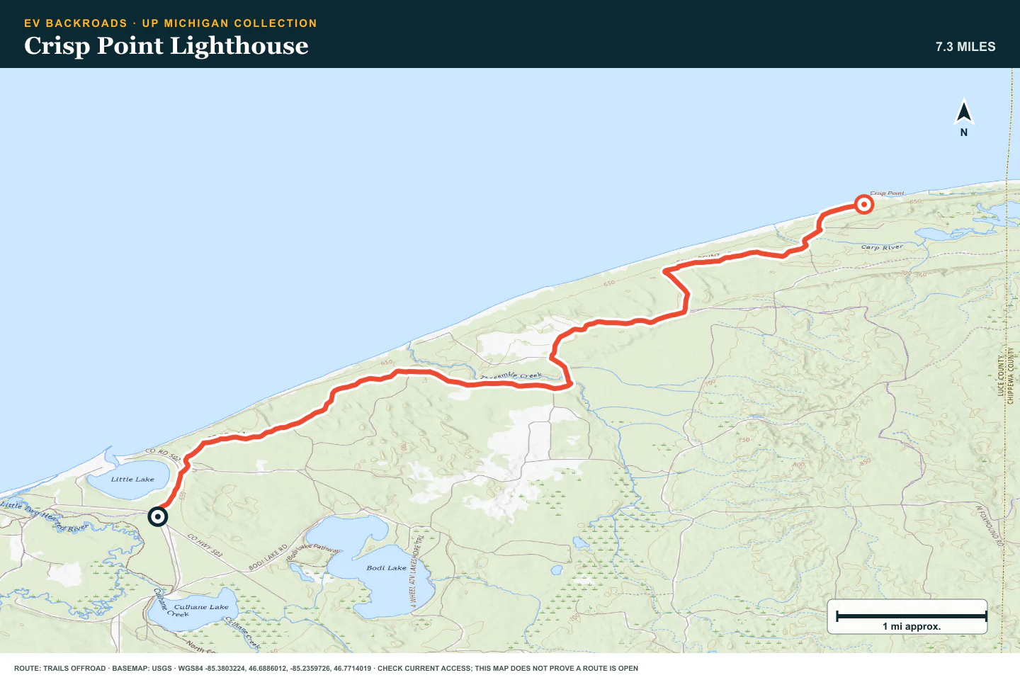 Topographic route map for Crisp Point Lighthouse