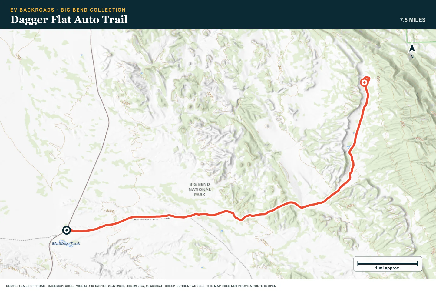 Topographic route map for Dagger Flat Auto Trail