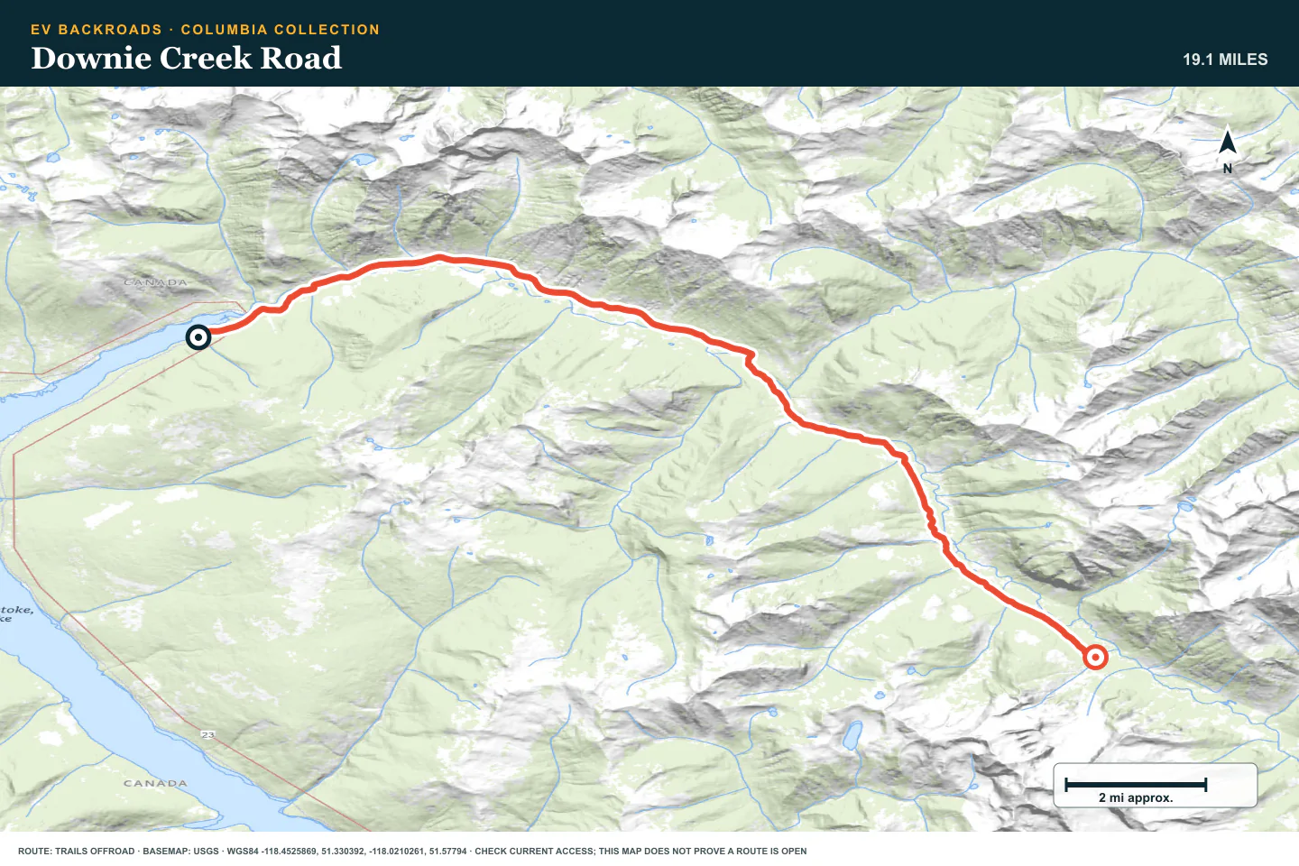 Topographic route map for Downie Creek Road