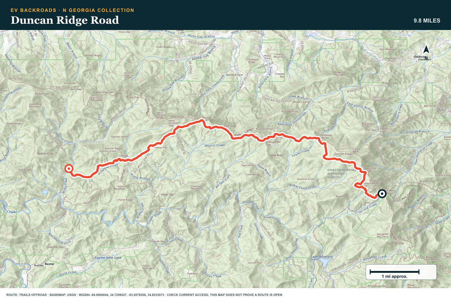 Topographic route map for Duncan Ridge Road