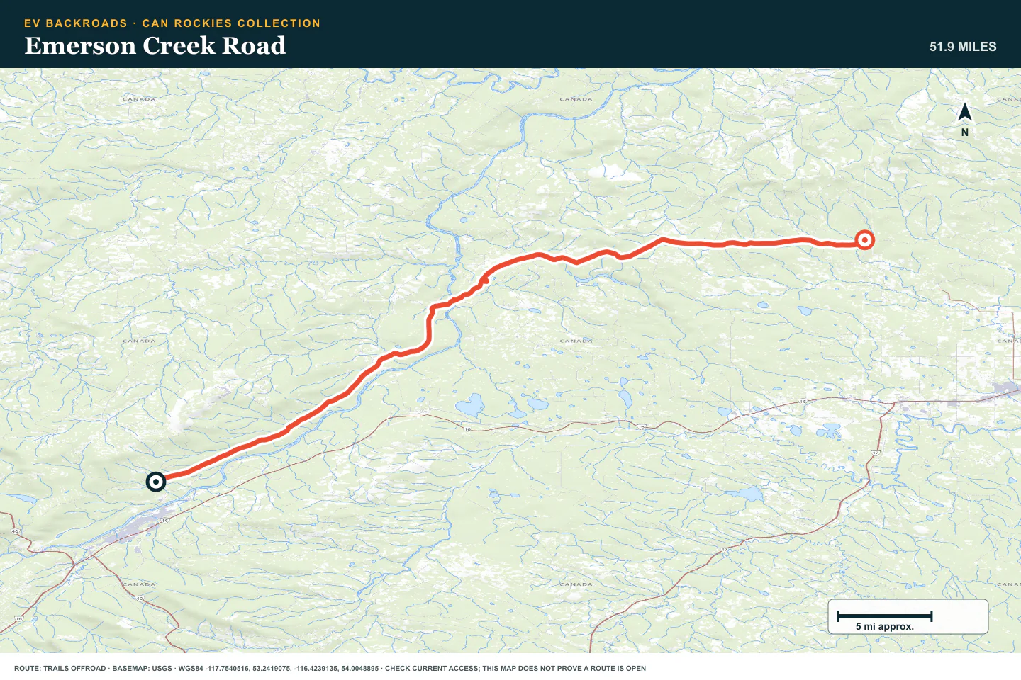 Topographic route map for Emerson Creek Road