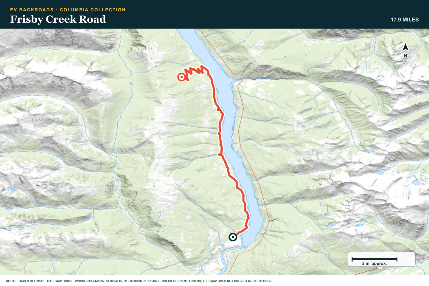 Topographic route map for Frisby Creek Road