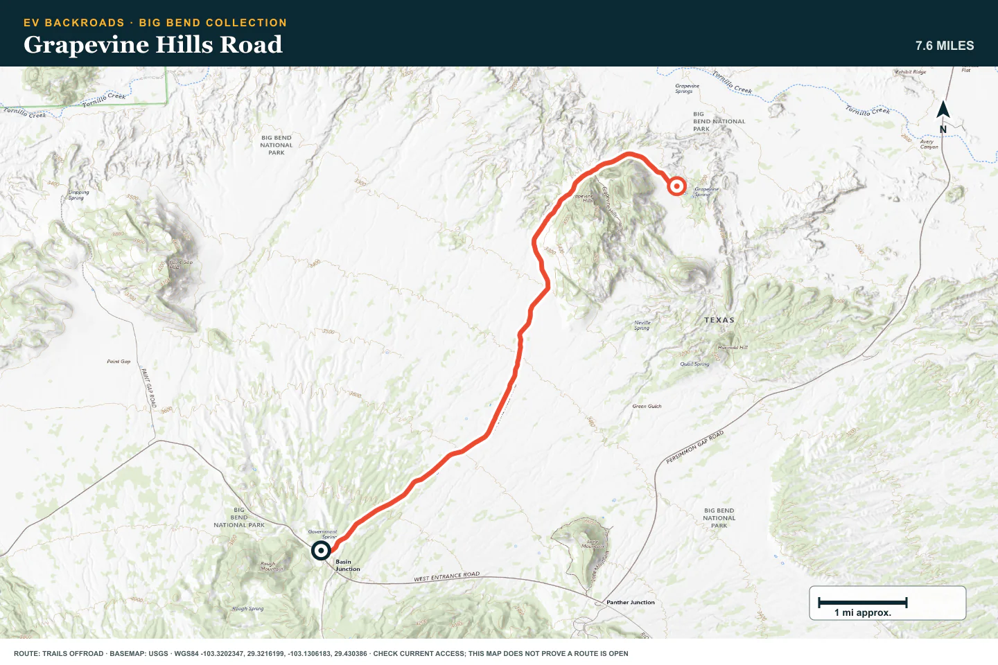 Topographic route map for Grapevine Hills Road