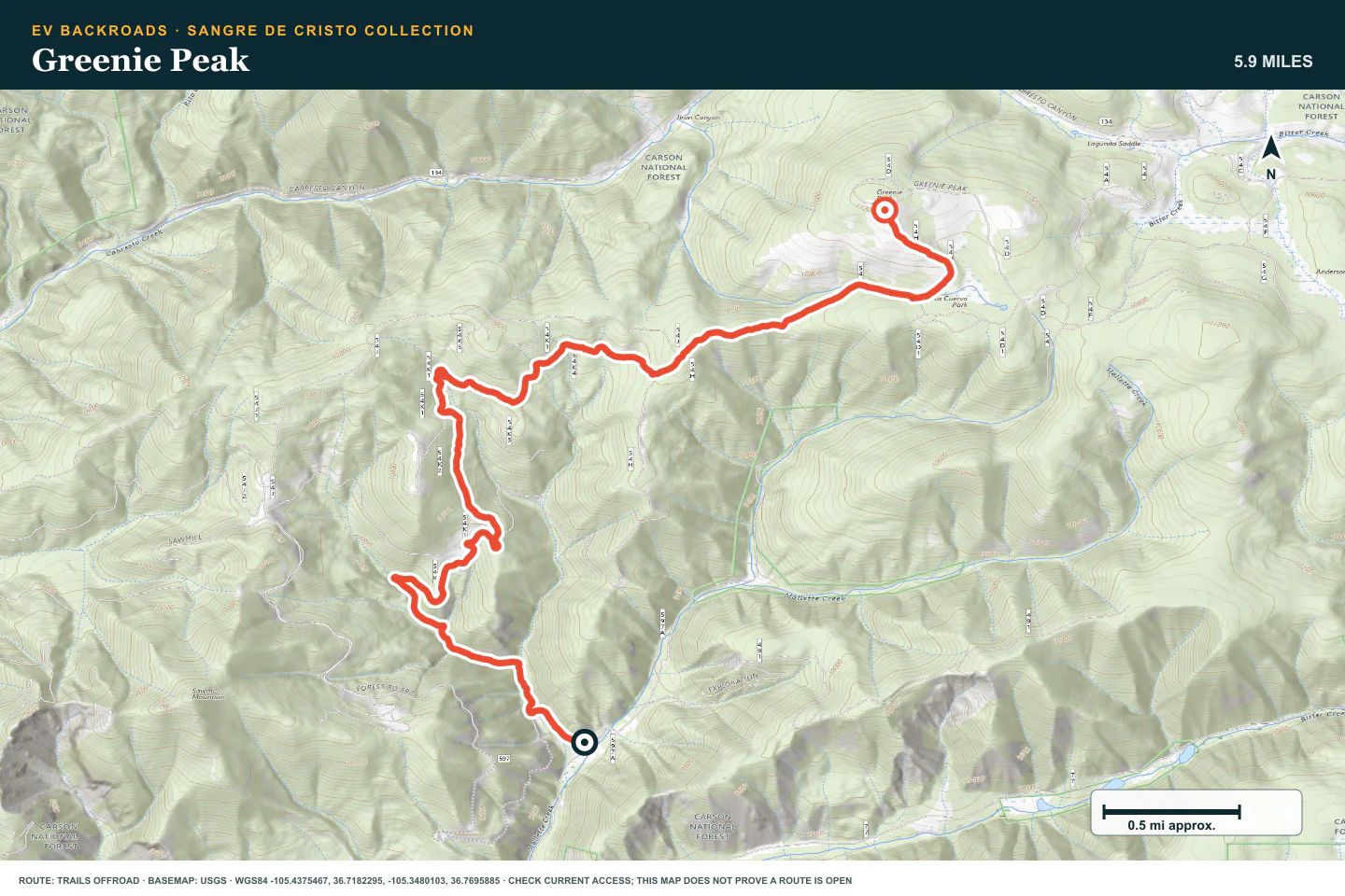 Topographic route map for Greenie Peak
