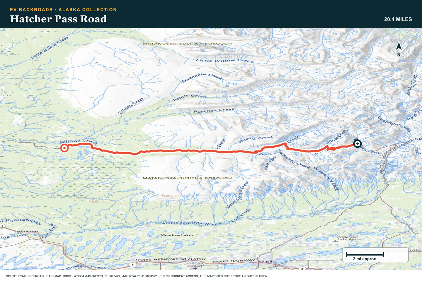 Topographic route map for Hatcher Pass Road