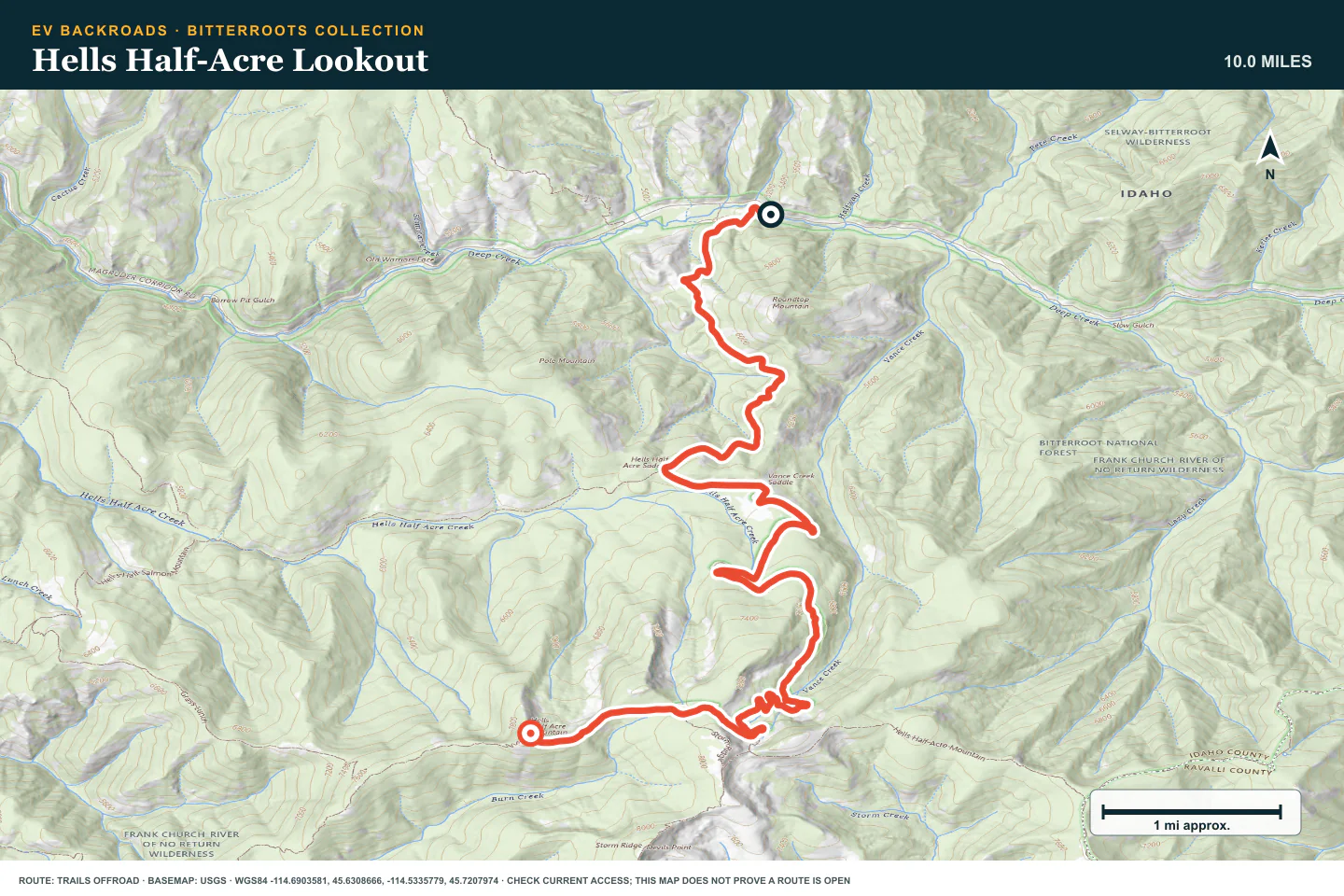 Topographic route map for Hells Half-Acre Lookout