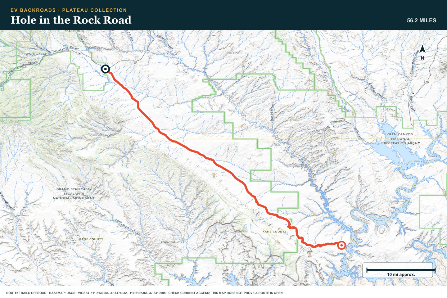 Topographic route map for Hole in the Rock Road
