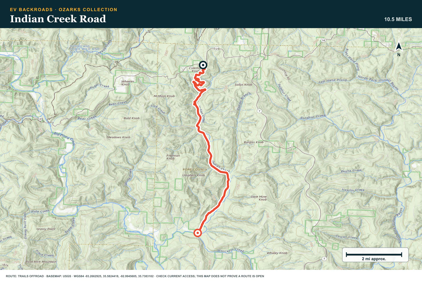 Topographic route map for Indian Creek Road