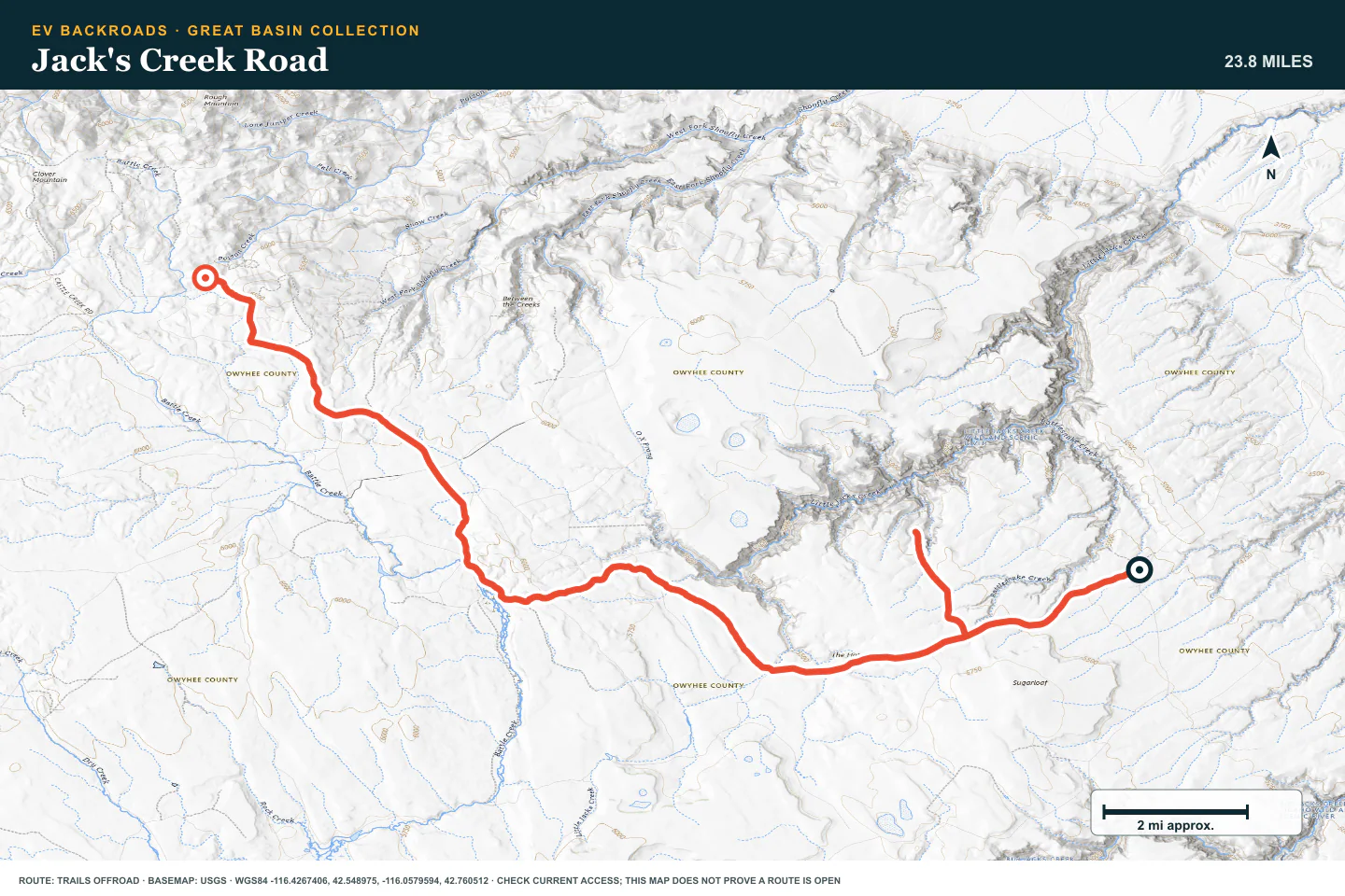 Topographic route map for Jack's Creek Road