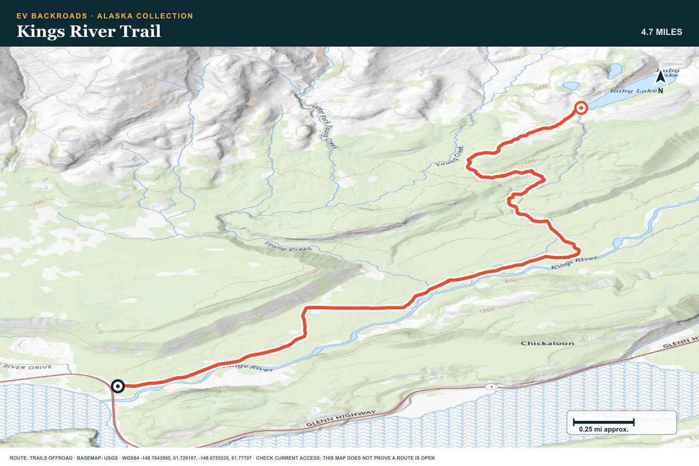 Topographic route map for Kings River Trail