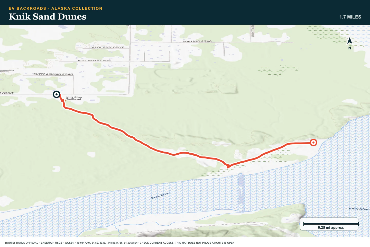 Topographic route map for Knik Sand Dunes