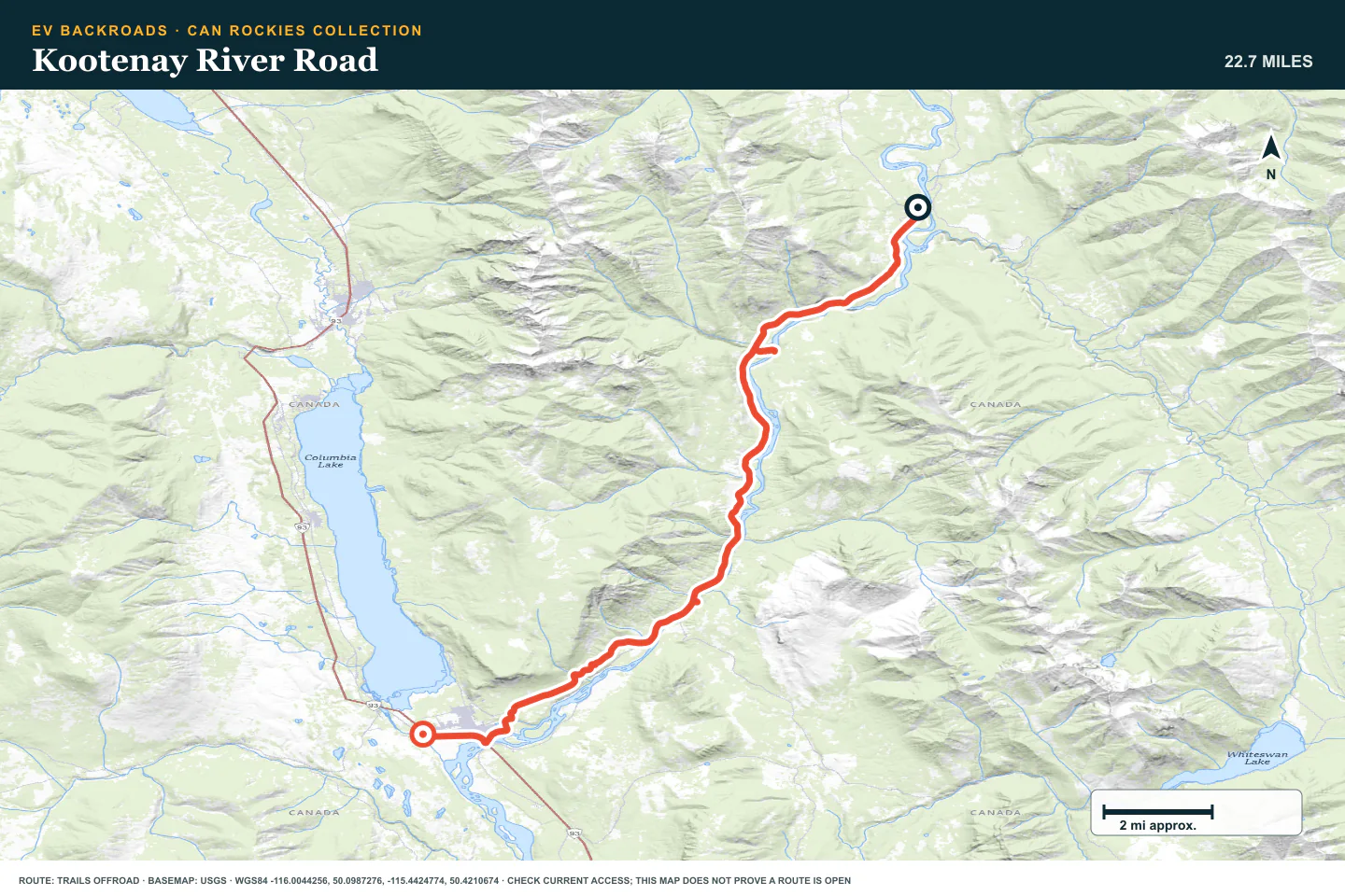 Topographic route map for Kootenay River Road