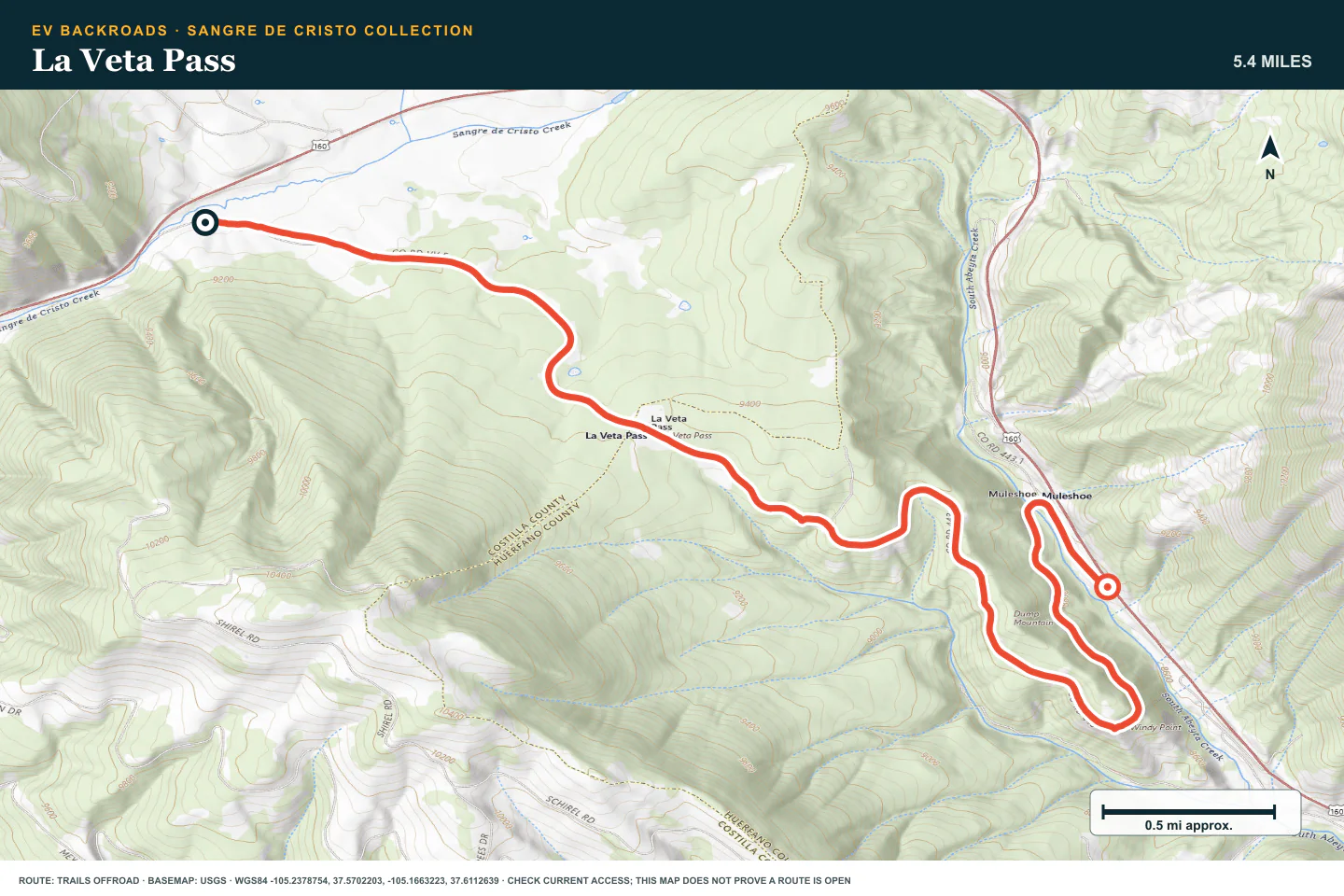 Topographic route map for La Veta Pass