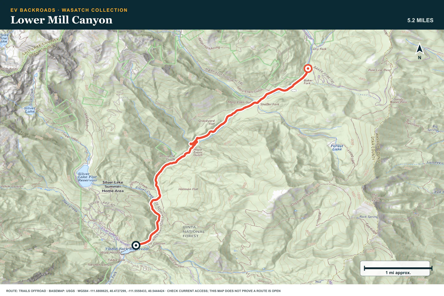 Topographic route map for Lower Mill Canyon