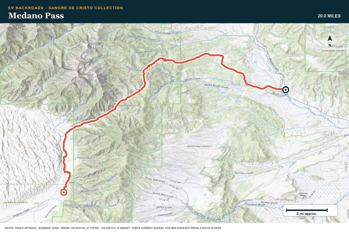Topographic route map for Medano Pass