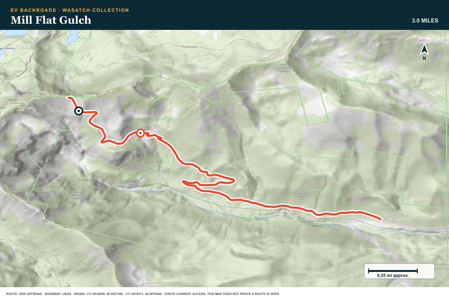 Topographic route map for Mill Flat Gulch