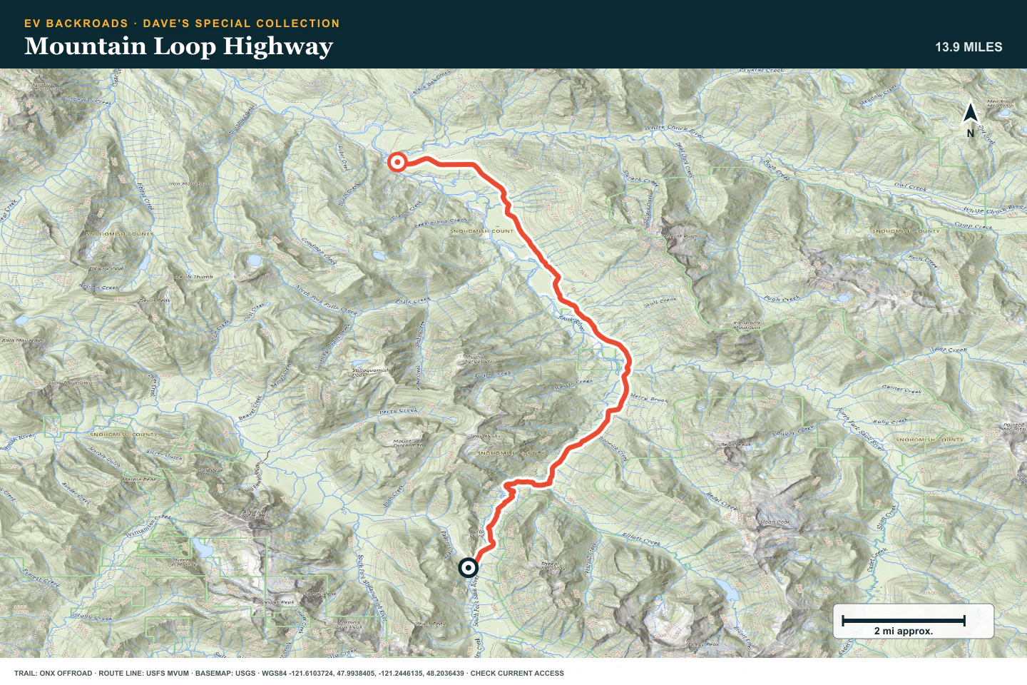 Topographic route map for Mountain Loop Highway