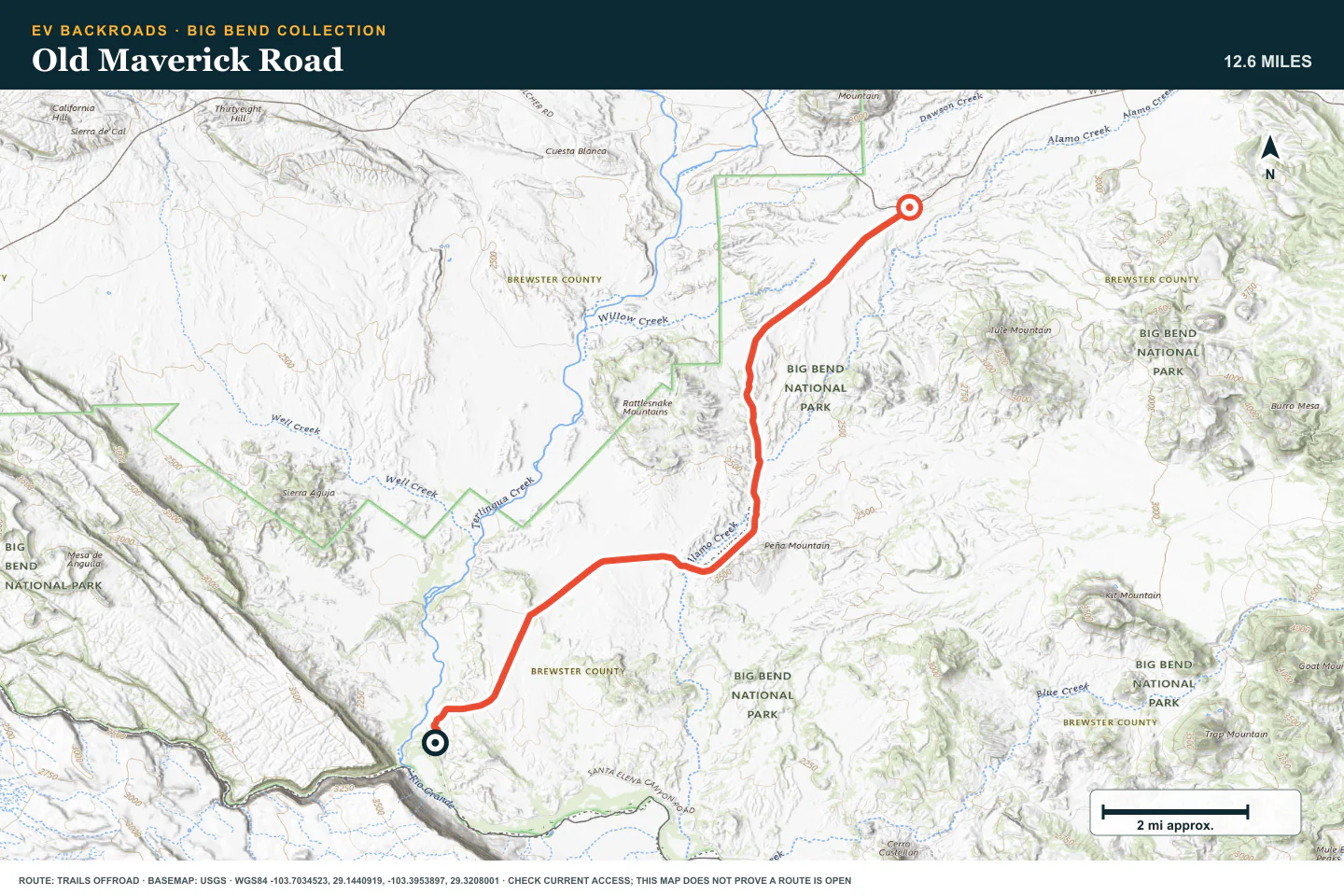 Topographic route map for Old Maverick Road