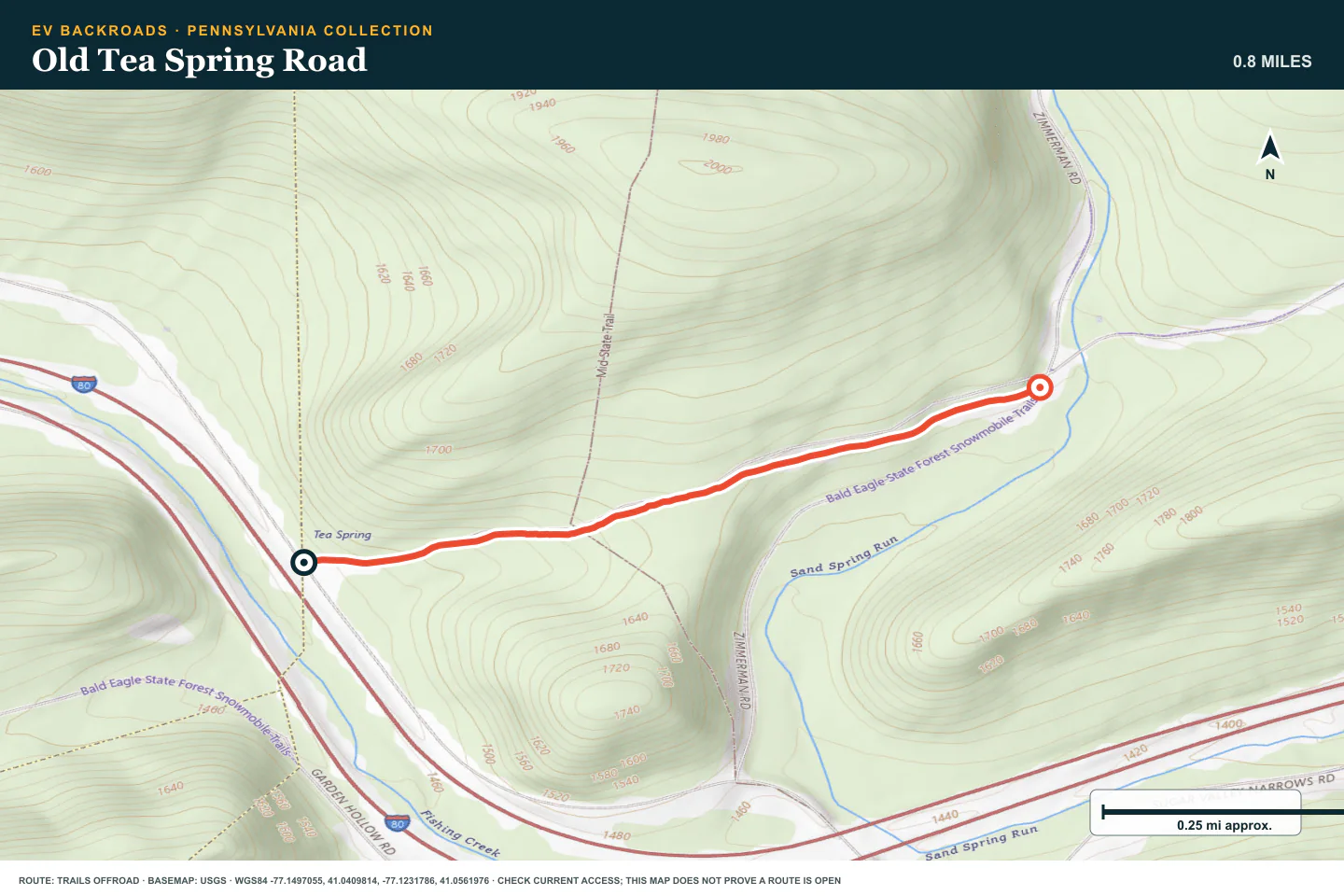 Topographic route map for Old Tea Spring Road