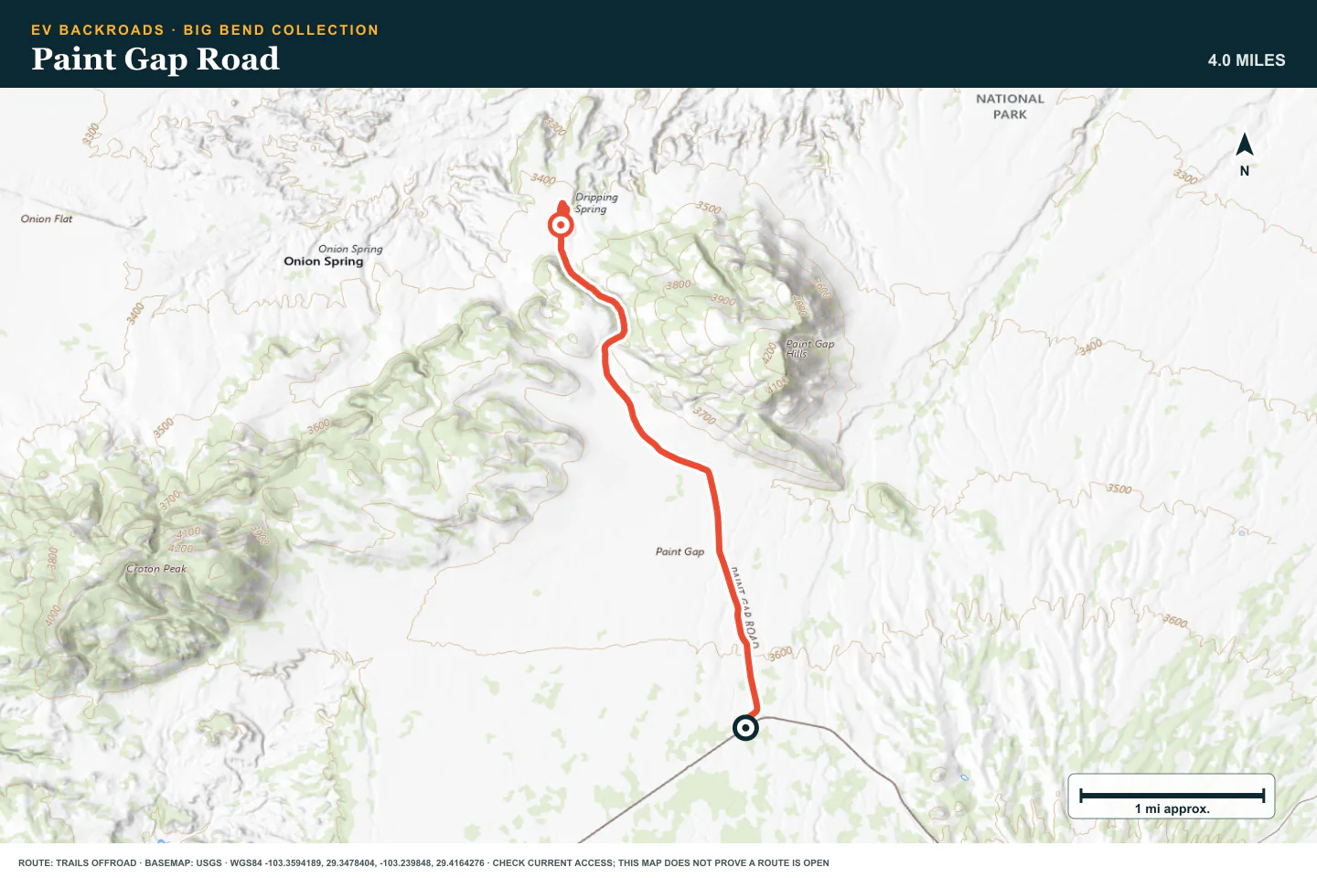 Topographic route map for Paint Gap Road