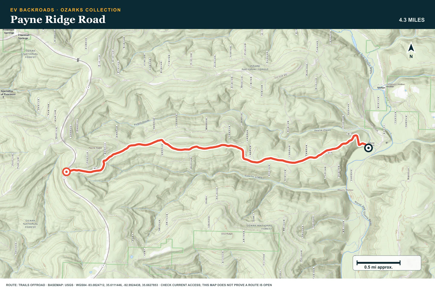 Topographic route map for Payne Ridge Road