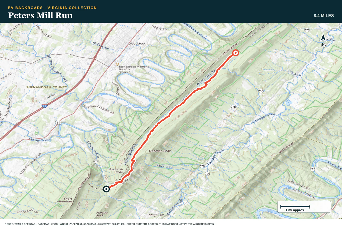 Topographic route map for Peters Mill Run