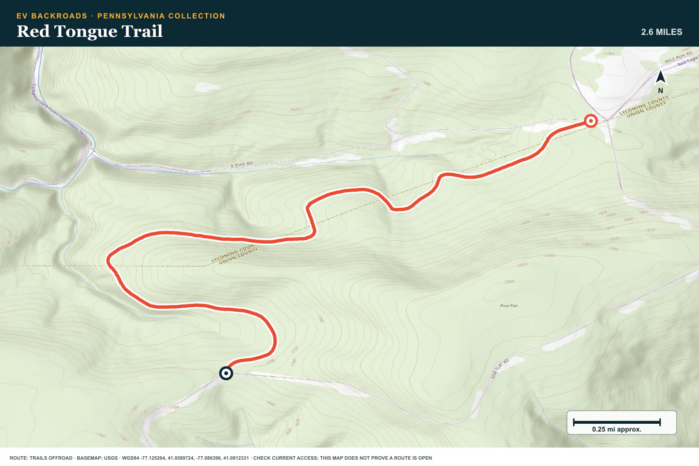 Topographic route map for Red Tongue Trail