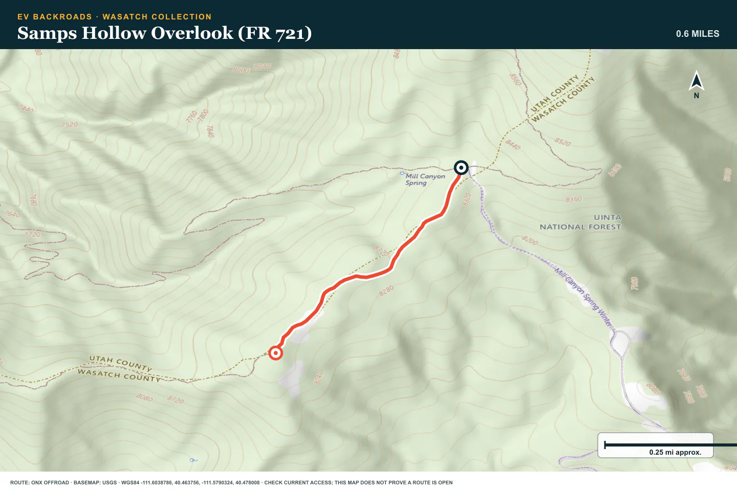 Topographic route map for Samps Hollow Overlook (FR 721)