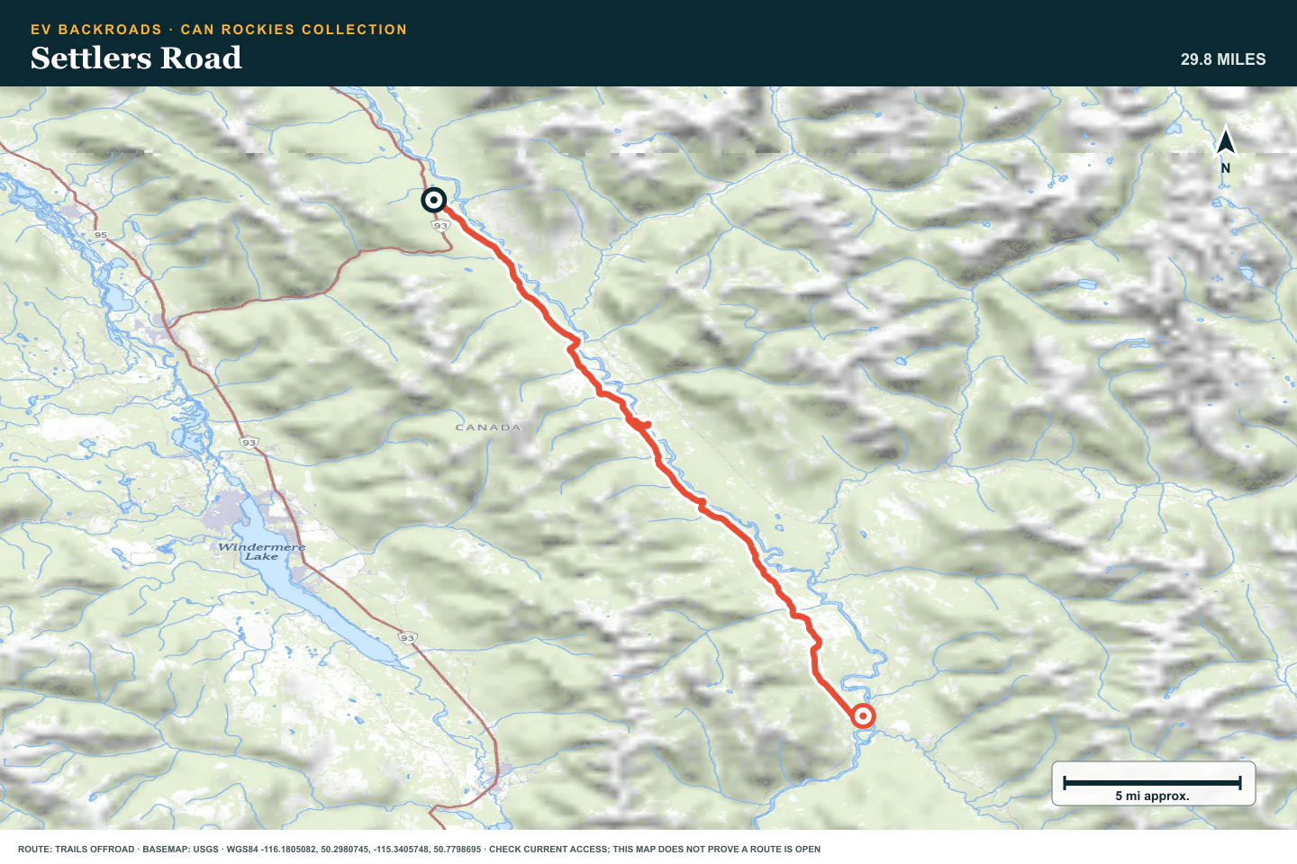 Topographic route map for Settlers Road