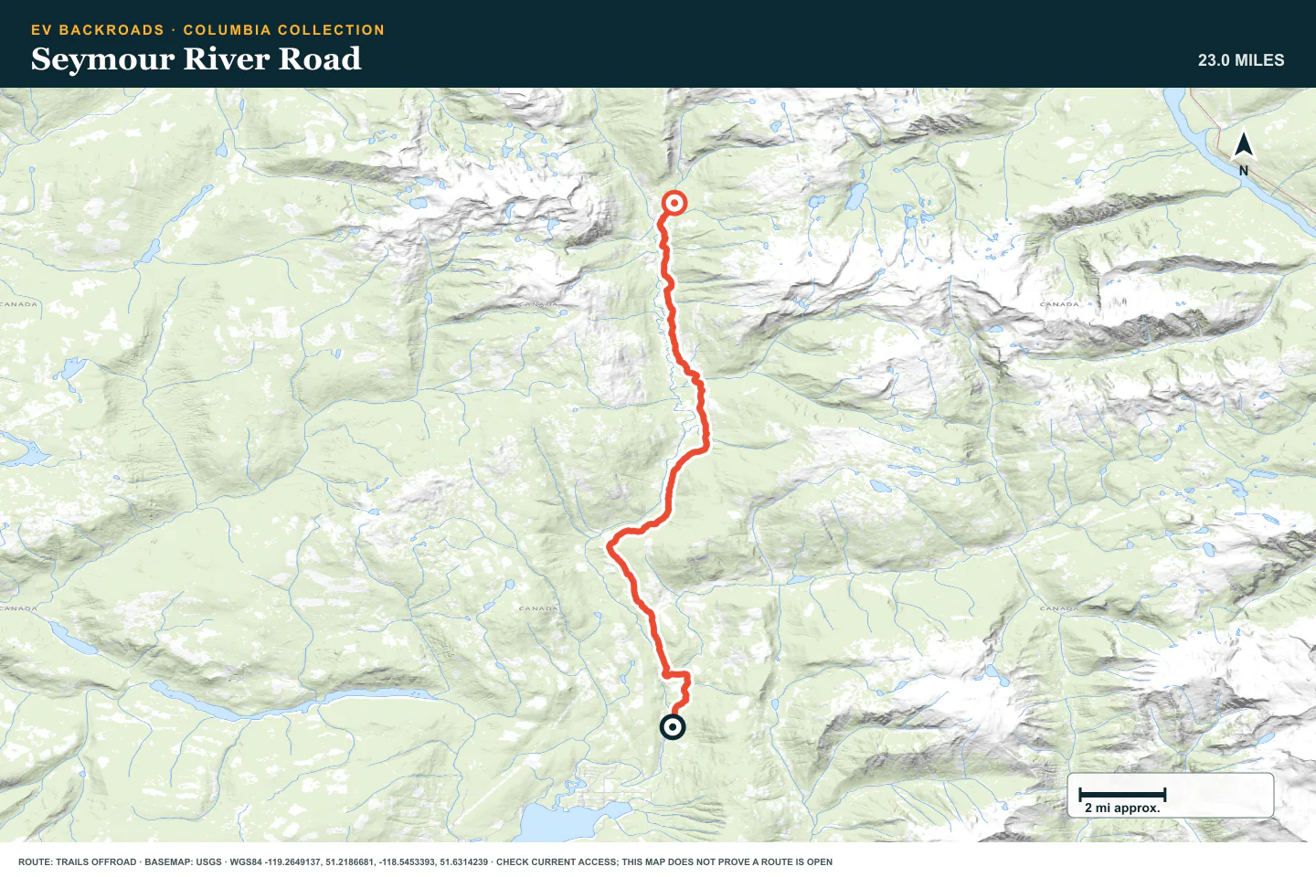 Topographic route map for Seymour River Road