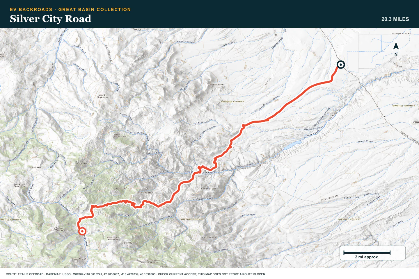 Topographic route map for Silver City Road