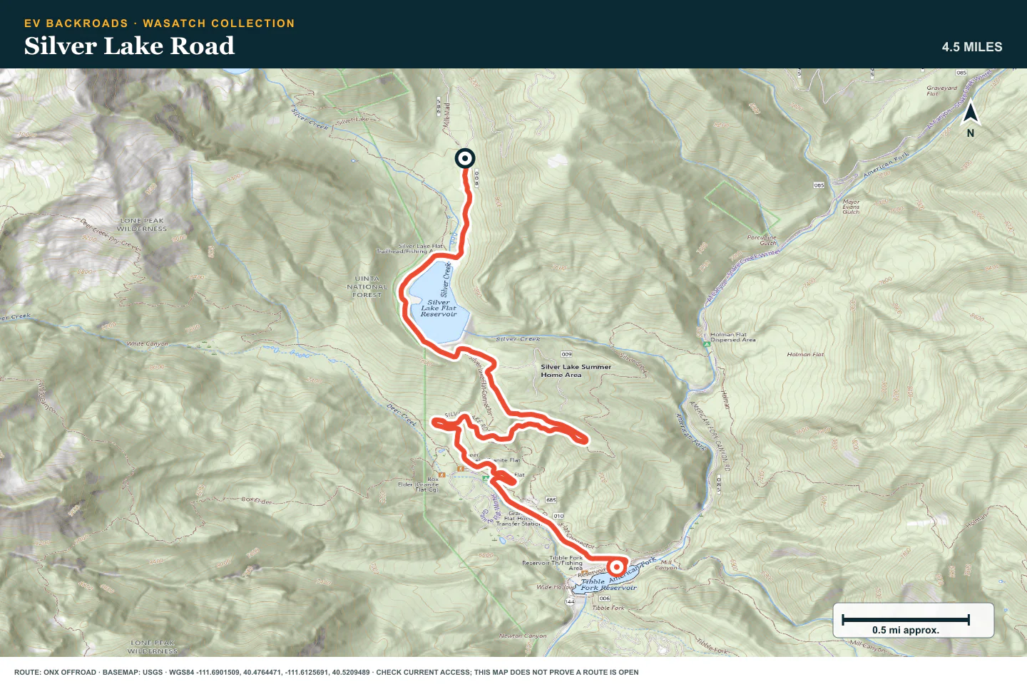 Topographic route map for Silver Lake Road