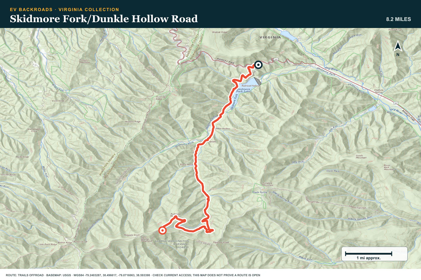 Topographic route map for Skidmore Fork/Dunkle Hollow Road